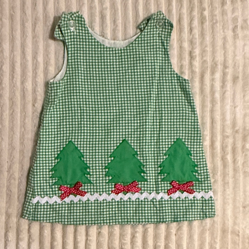Festive Green Gingham Kids Dress with Tree Design